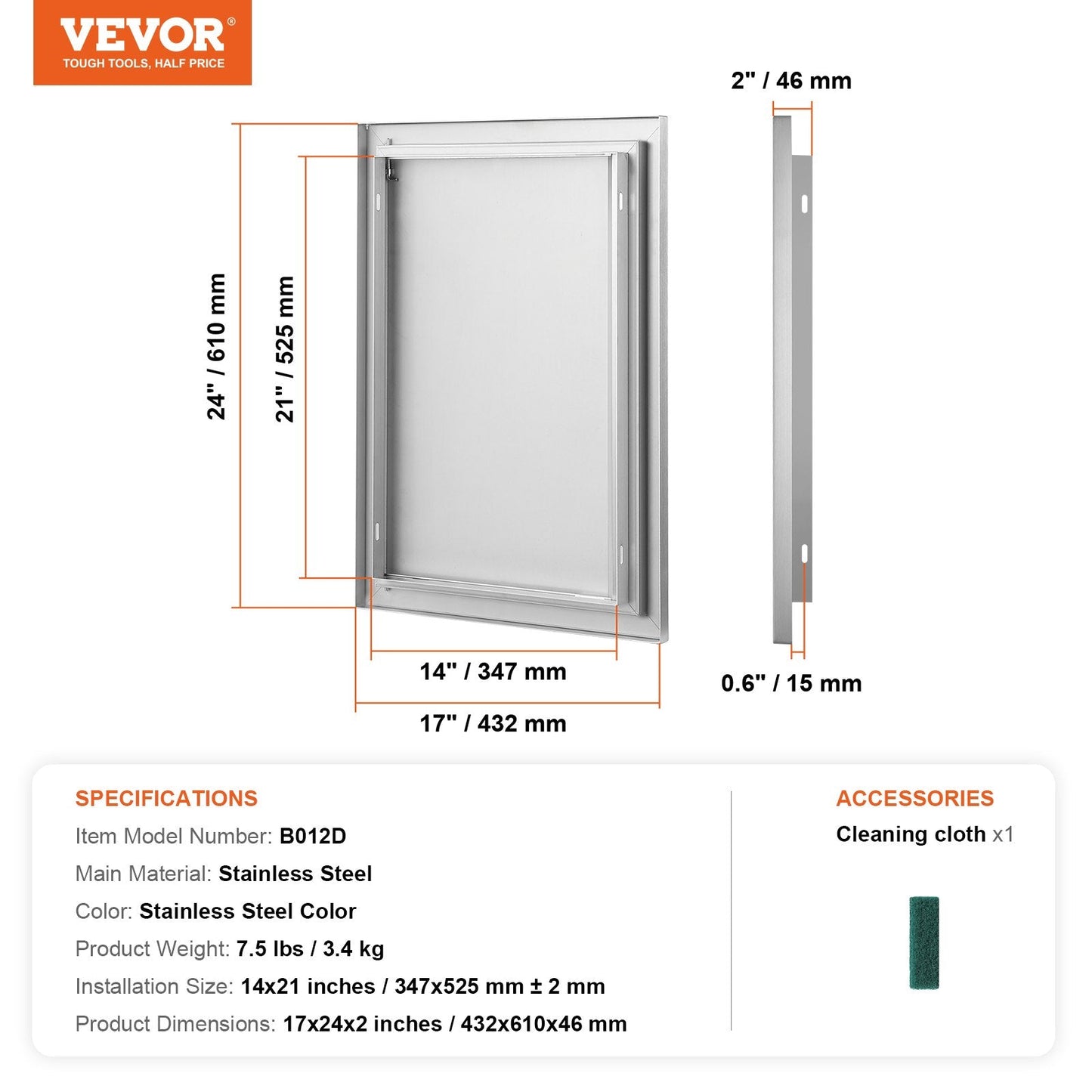 Stainless Steel Outdoor Kitchen Access Door, 0.43x0.61 m, Recessed Handle