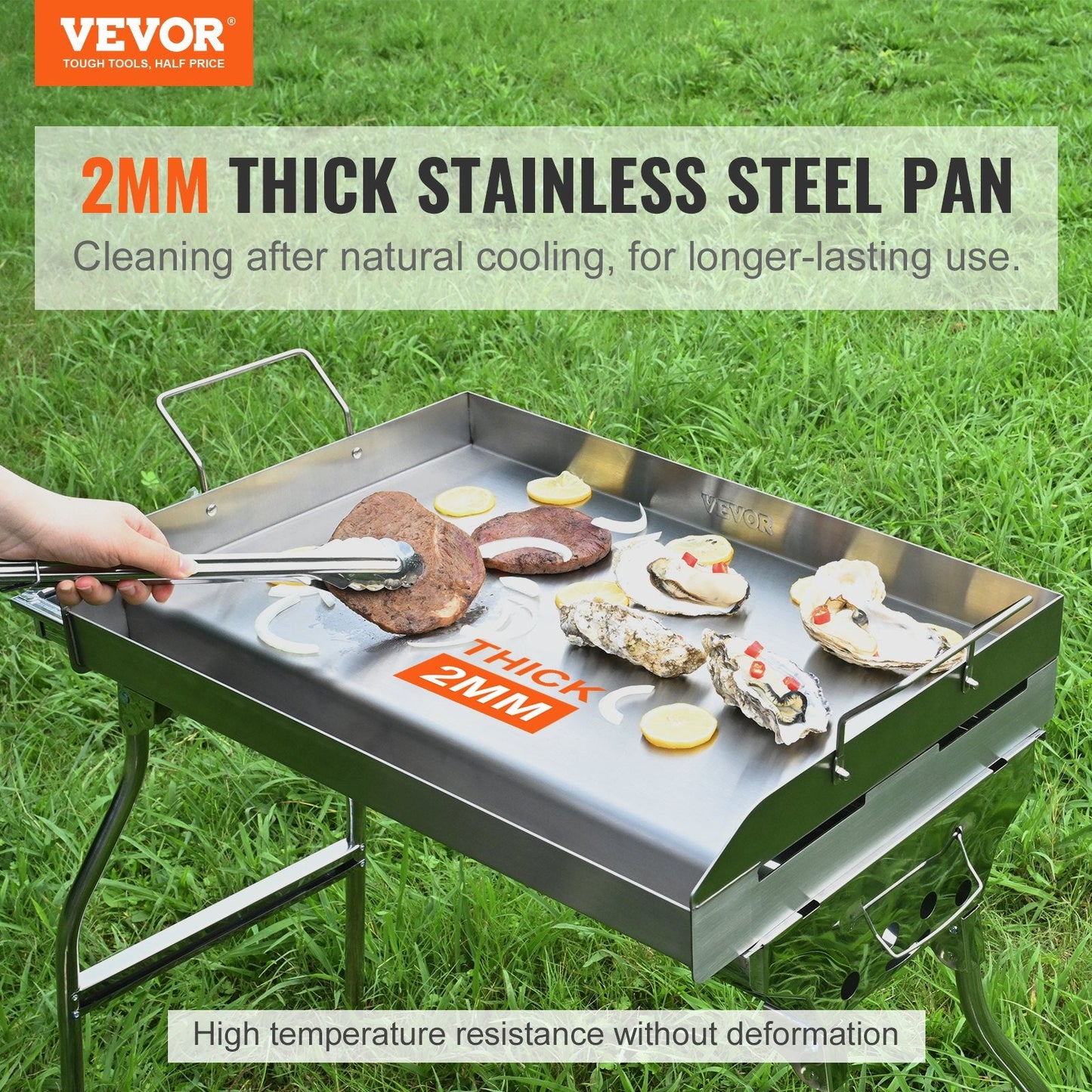 Stainless Steel Double Burner Griddle Pan, 0.59m x 0.39m, Non-Stick with Handles