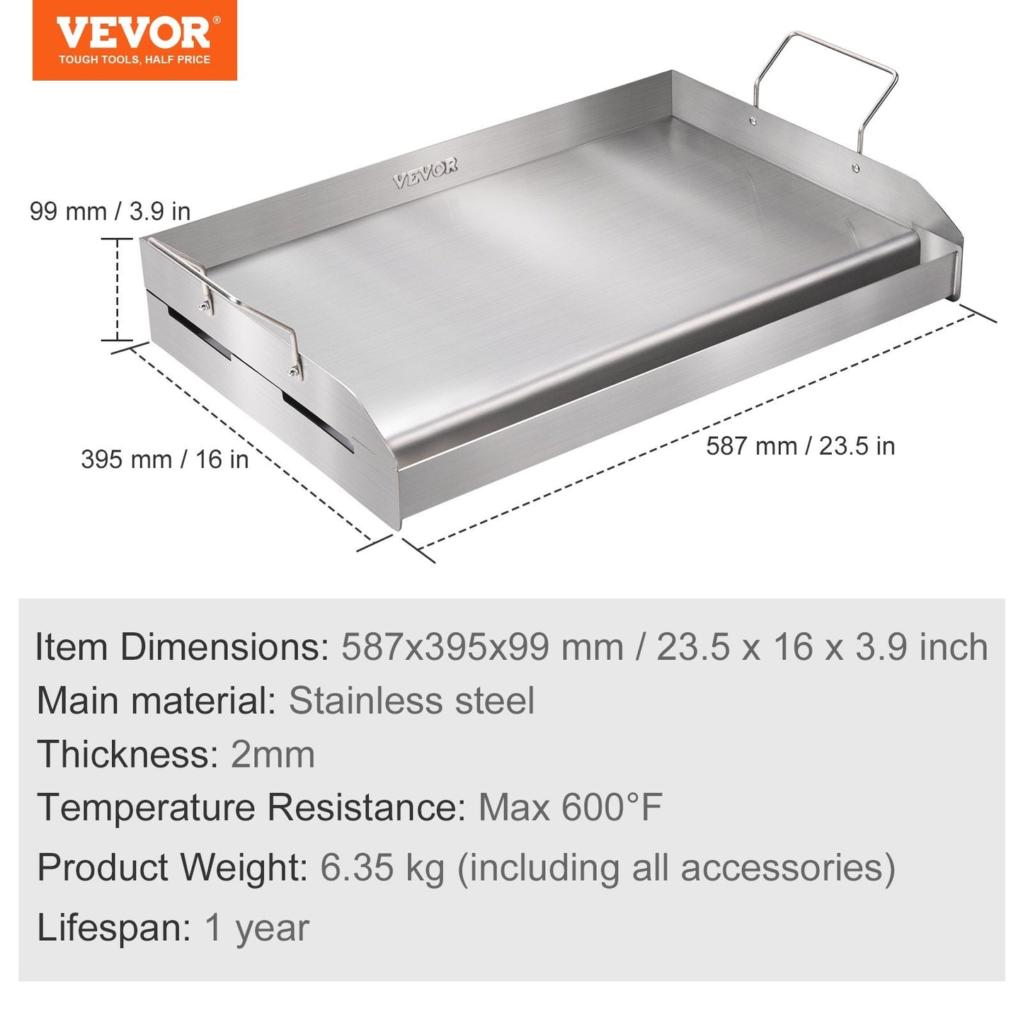 Stainless Steel Double Burner Griddle Pan, 0.59m x 0.39m, Non-Stick with Handles