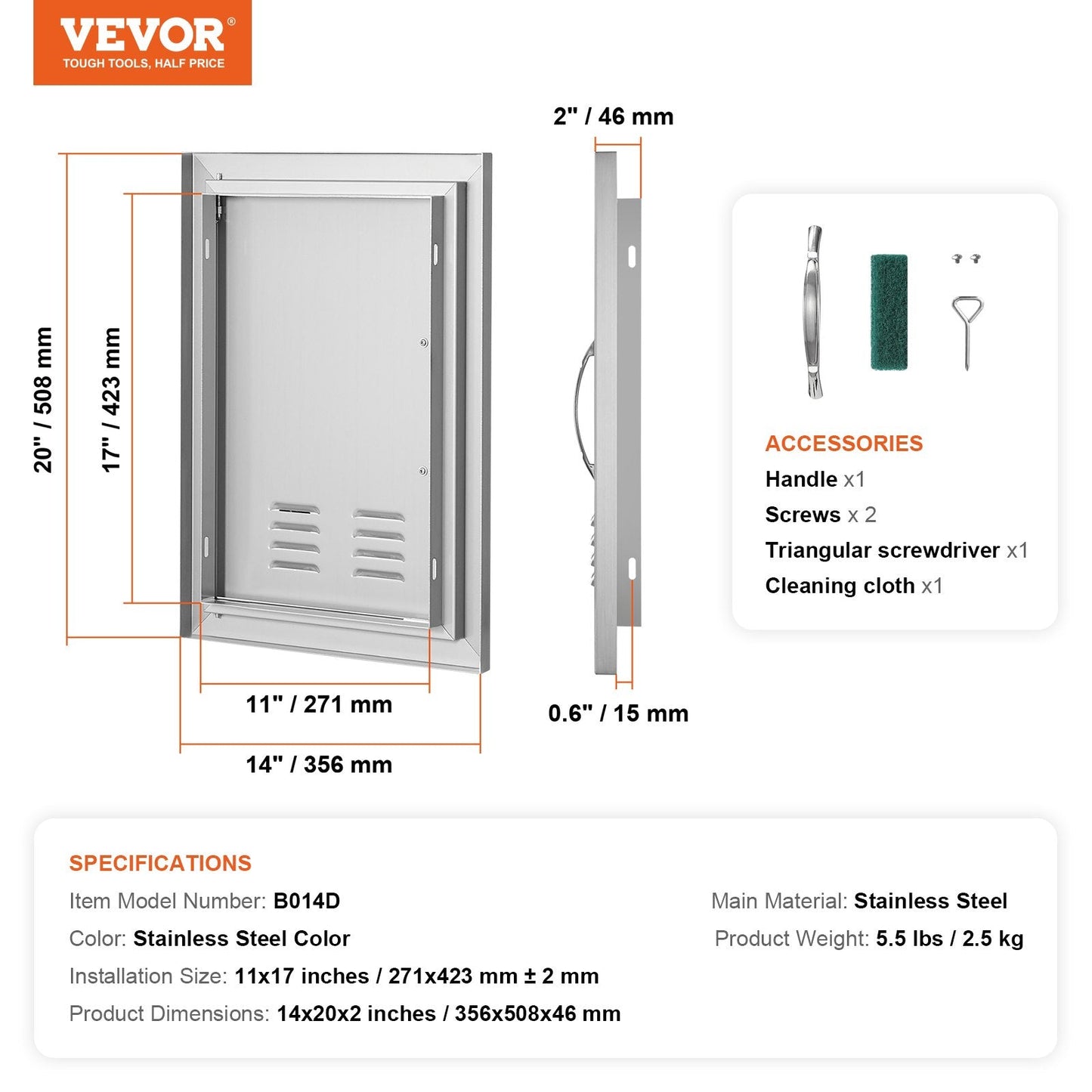 Stainless Steel Outdoor BBQ Kitchen Access Door, 0.36x0.51m, Vertical Mount