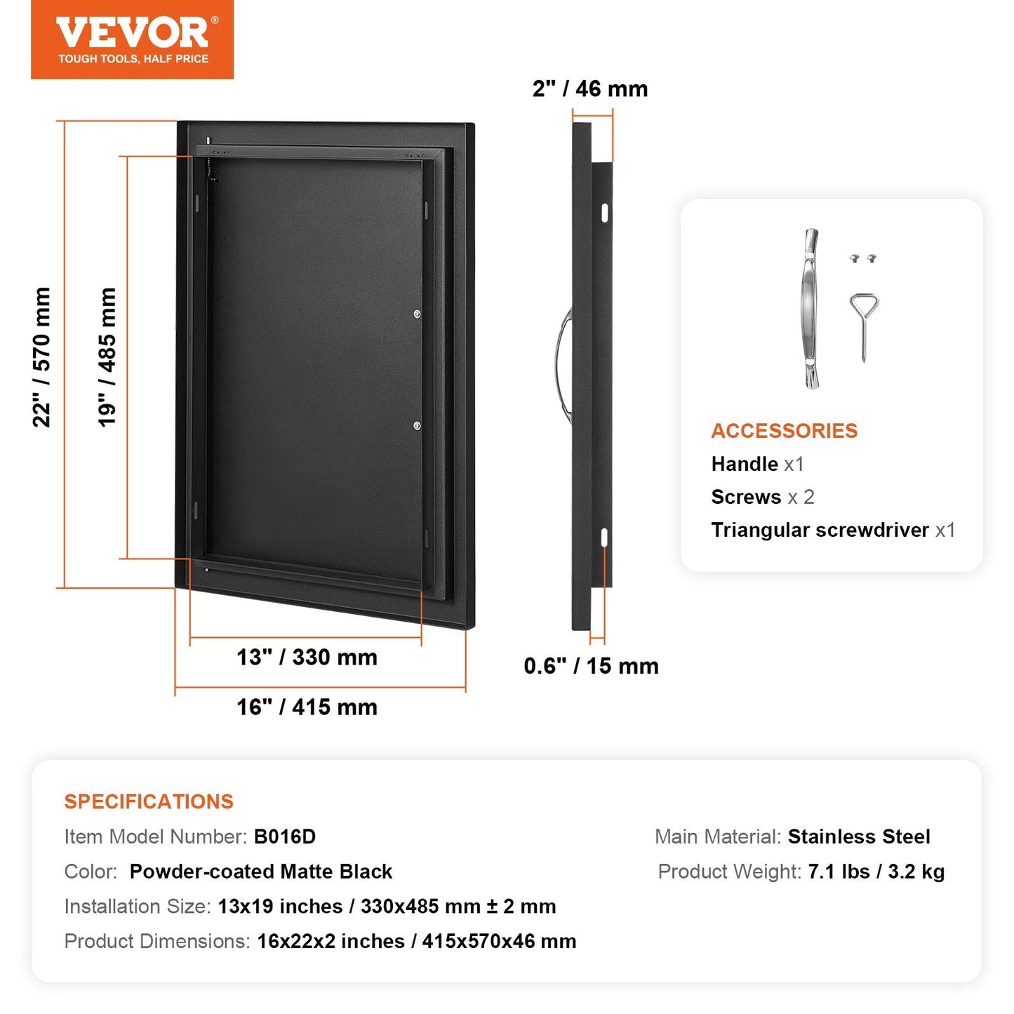 Outdoor Kitchen Access Door, 0.41x0.57 m, Matte Black, Cold Plate Flush Mount