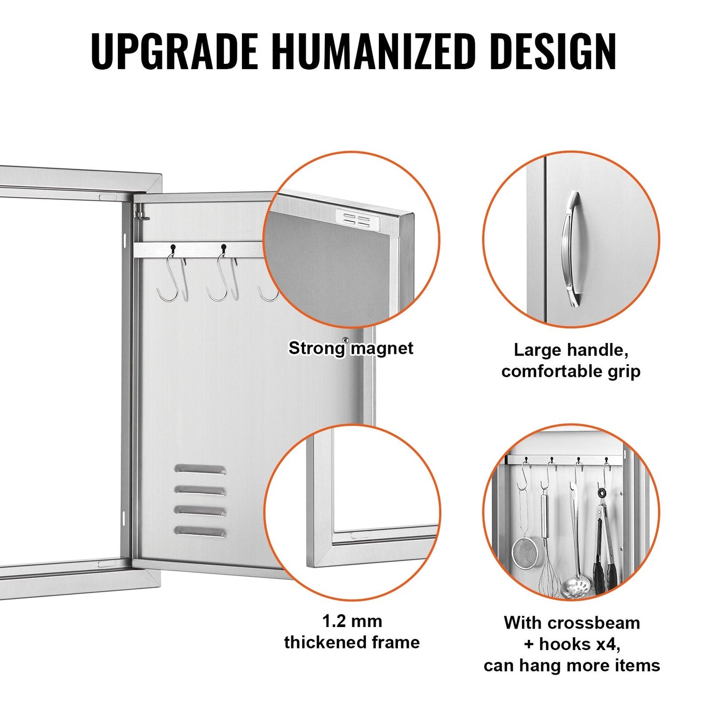 Stainless Steel Outdoor BBQ Door, 0.61x0.43m, Single Flush Mount with Vents & Hook
