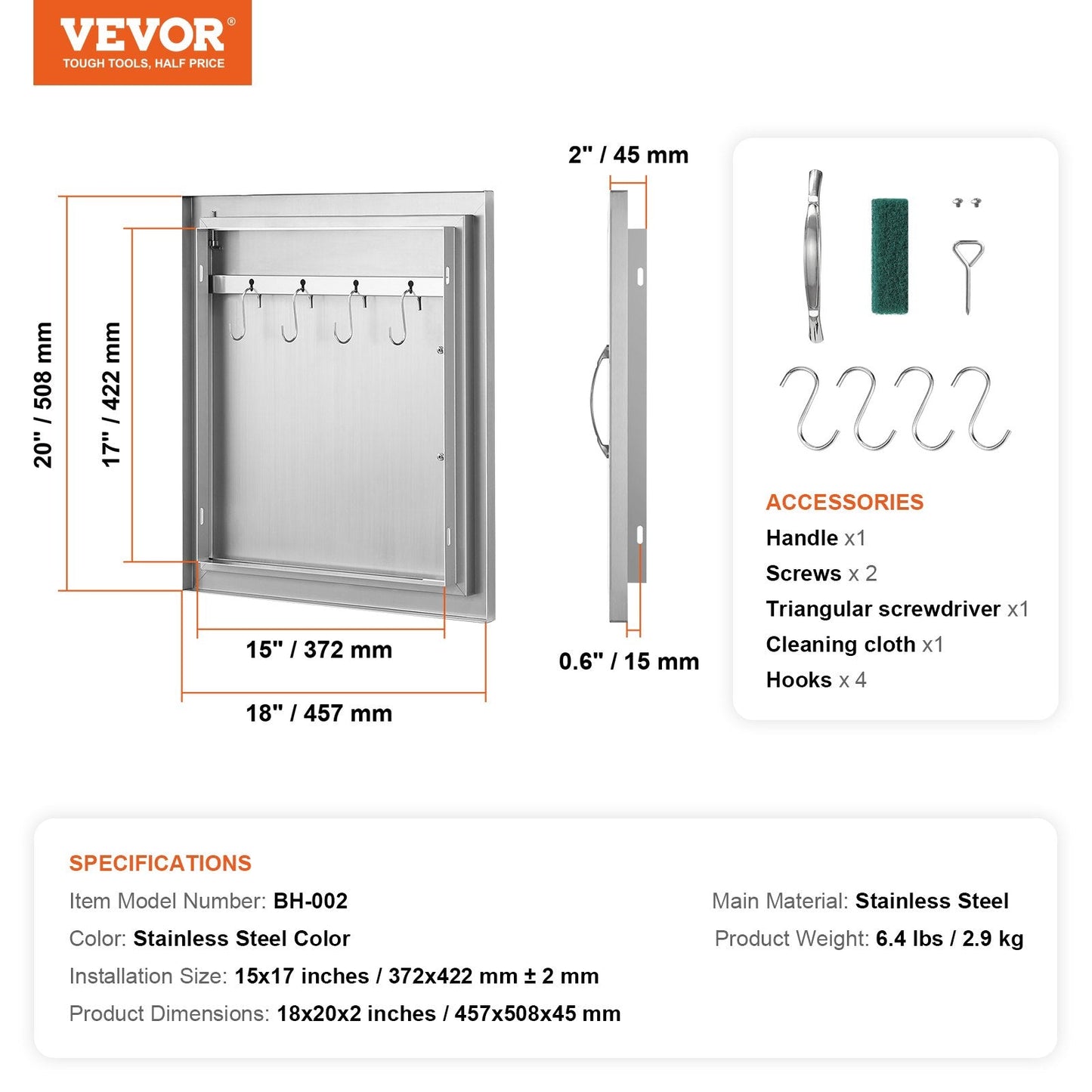 Stainless Steel Outdoor Kitchen Access Door, 0.45x0.51m for BBQ Island