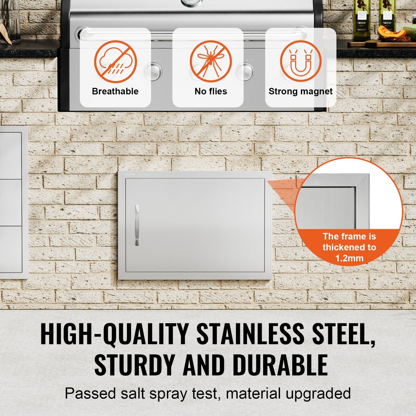 Stainless Steel Outdoor Kitchen Access Door, 0.61x0.43 m, Single Flush Mount