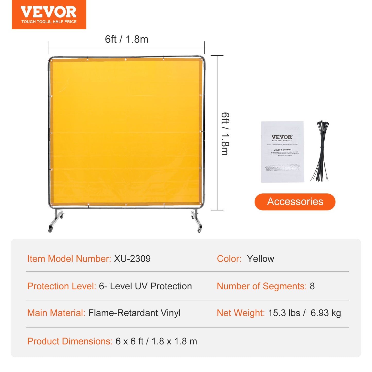 VEVOR Welding Screen with Frame 6'x6' Welding Curtain Screen on 4 Wheels Yellow