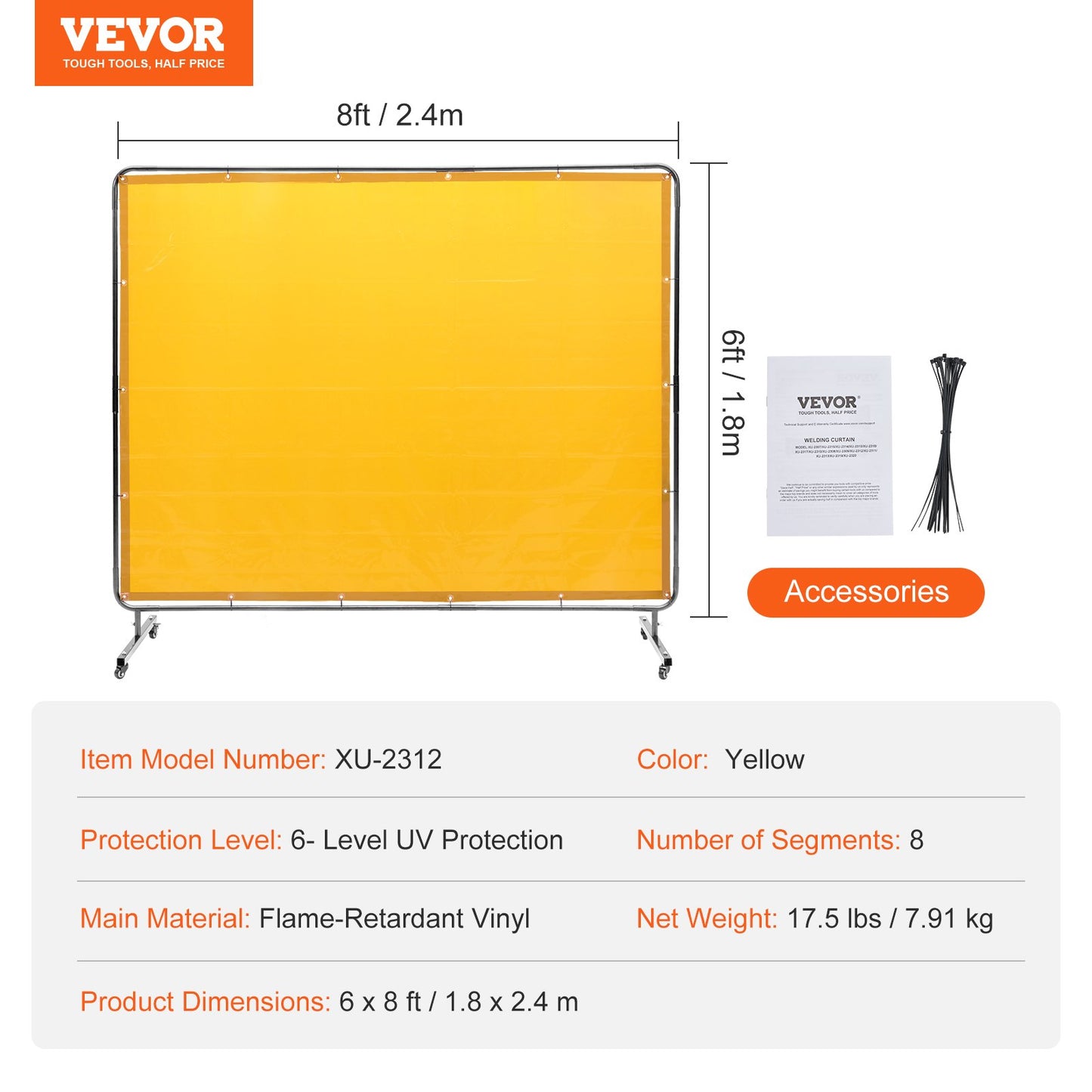 VEVOR Welding Screen with Frame 6'x8' Welding Curtain Screen on 4 Wheels Yellow