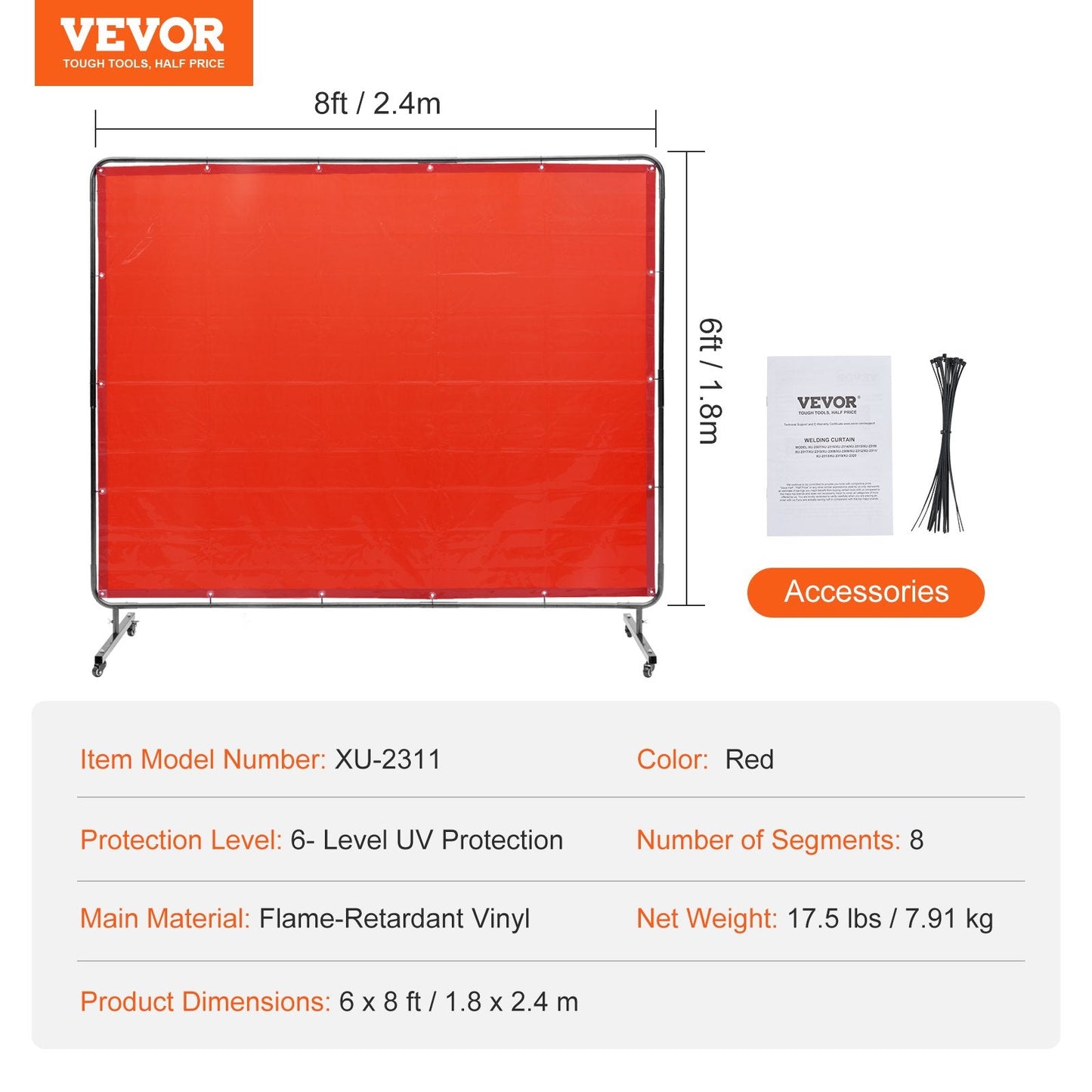 Mobile Welding Screen with Frame, 1.8 x 2.4m Red Flame-Resistant Curtain