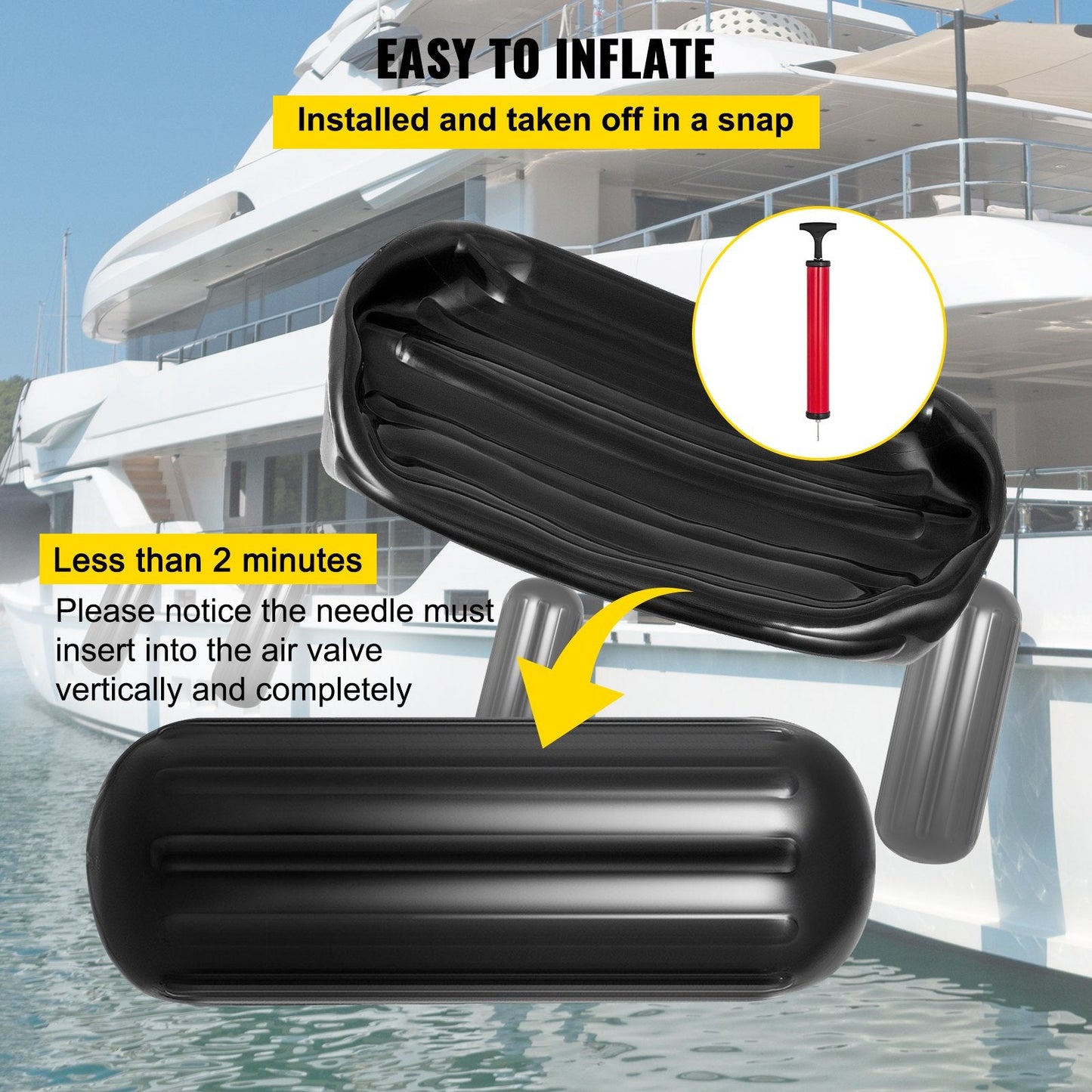 Set of 4 Ribbed Boat Fenders with Center Hole, 25.4 x 71.1 cm, Black