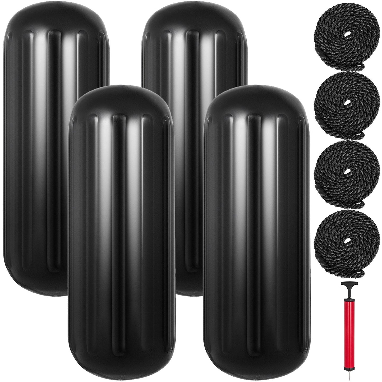 Set of 4 Ribbed Boat Fenders with Center Hole, 25.4 x 71.1 cm, Black