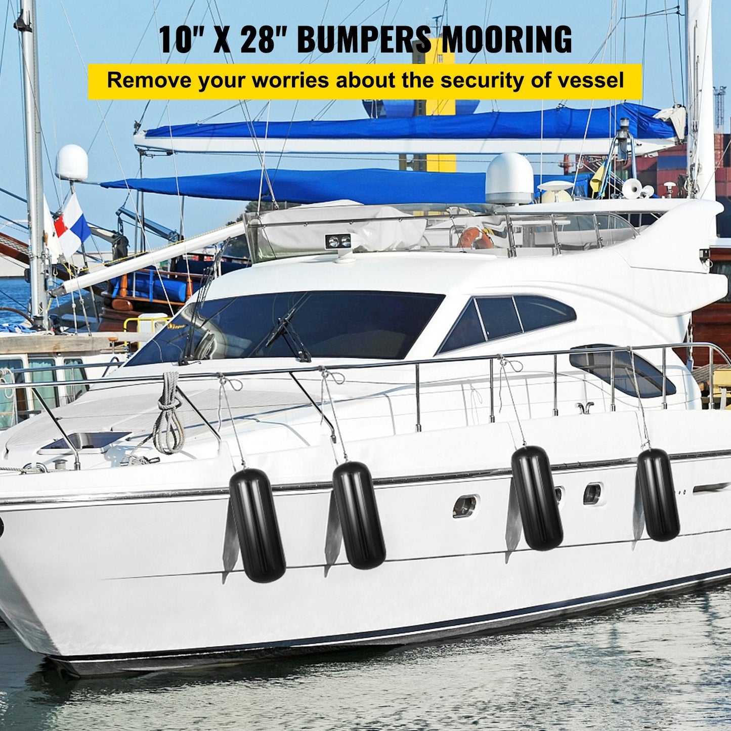 Black Ribbed Boat Fenders, 4 Pack, 25.4 x 71.1 cm, Center Hole Bumpers