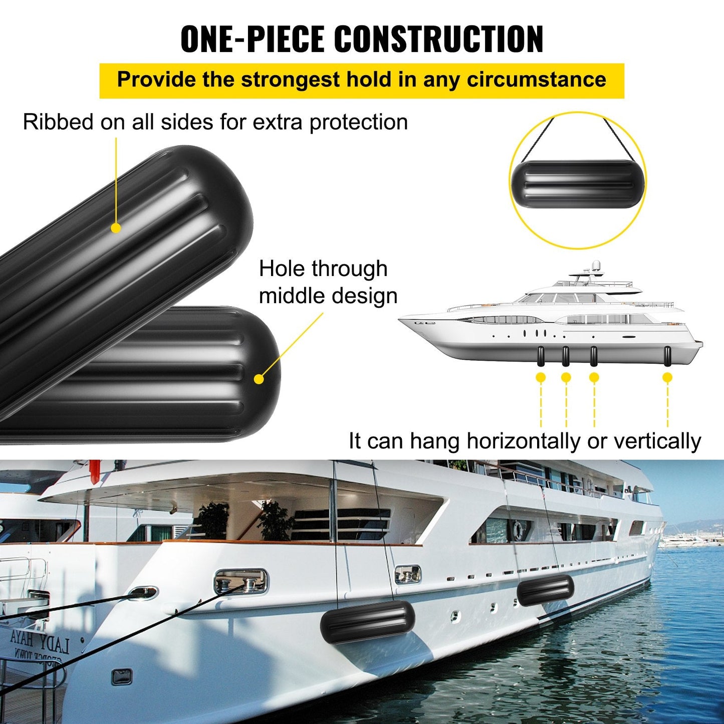 Black Ribbed Boat Fenders, 4 Pack, 25.4 x 71.1 cm, Center Hole Bumpers
