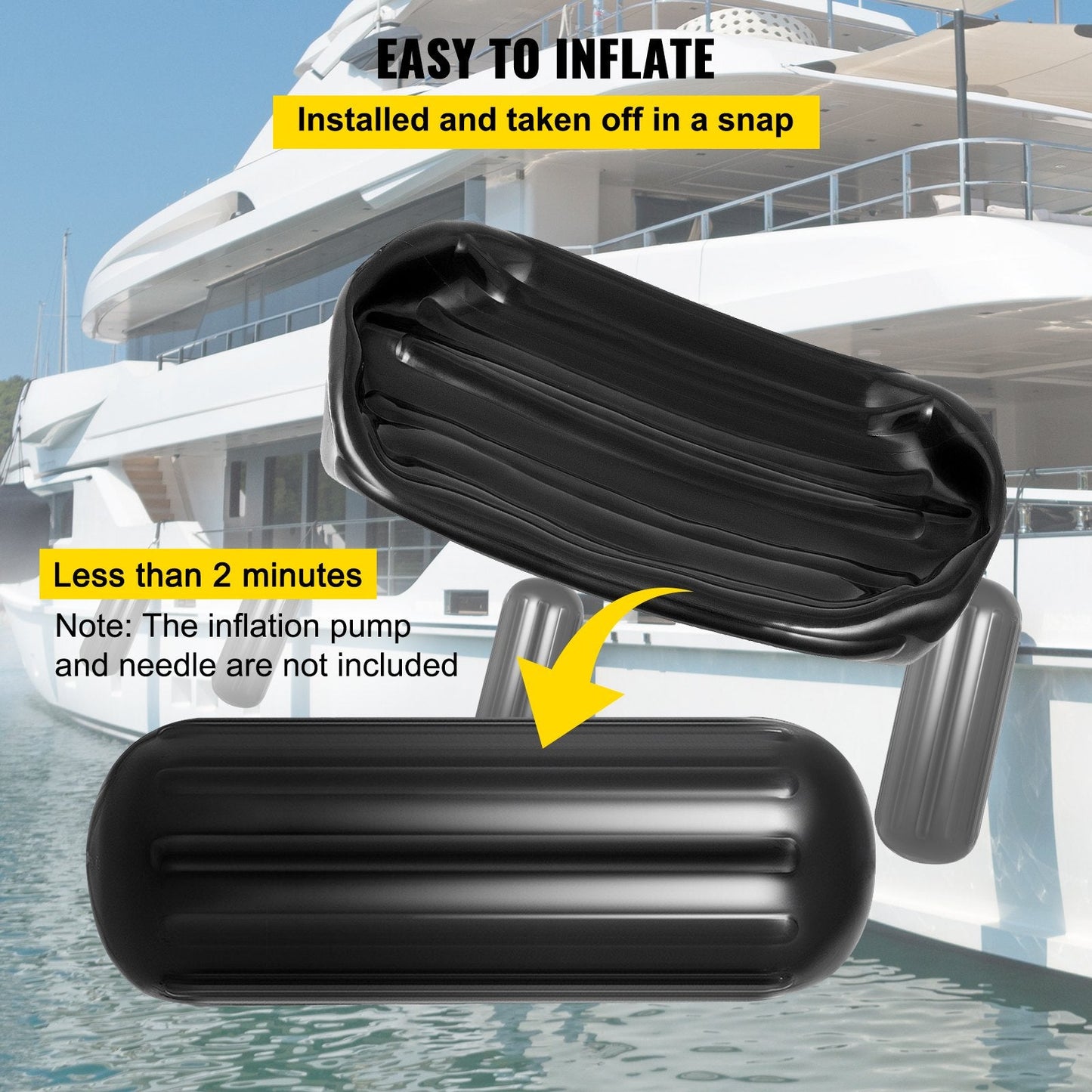 Black Ribbed Boat Fenders, 4 Pack, 25.4 x 71.1 cm, Center Hole Bumpers