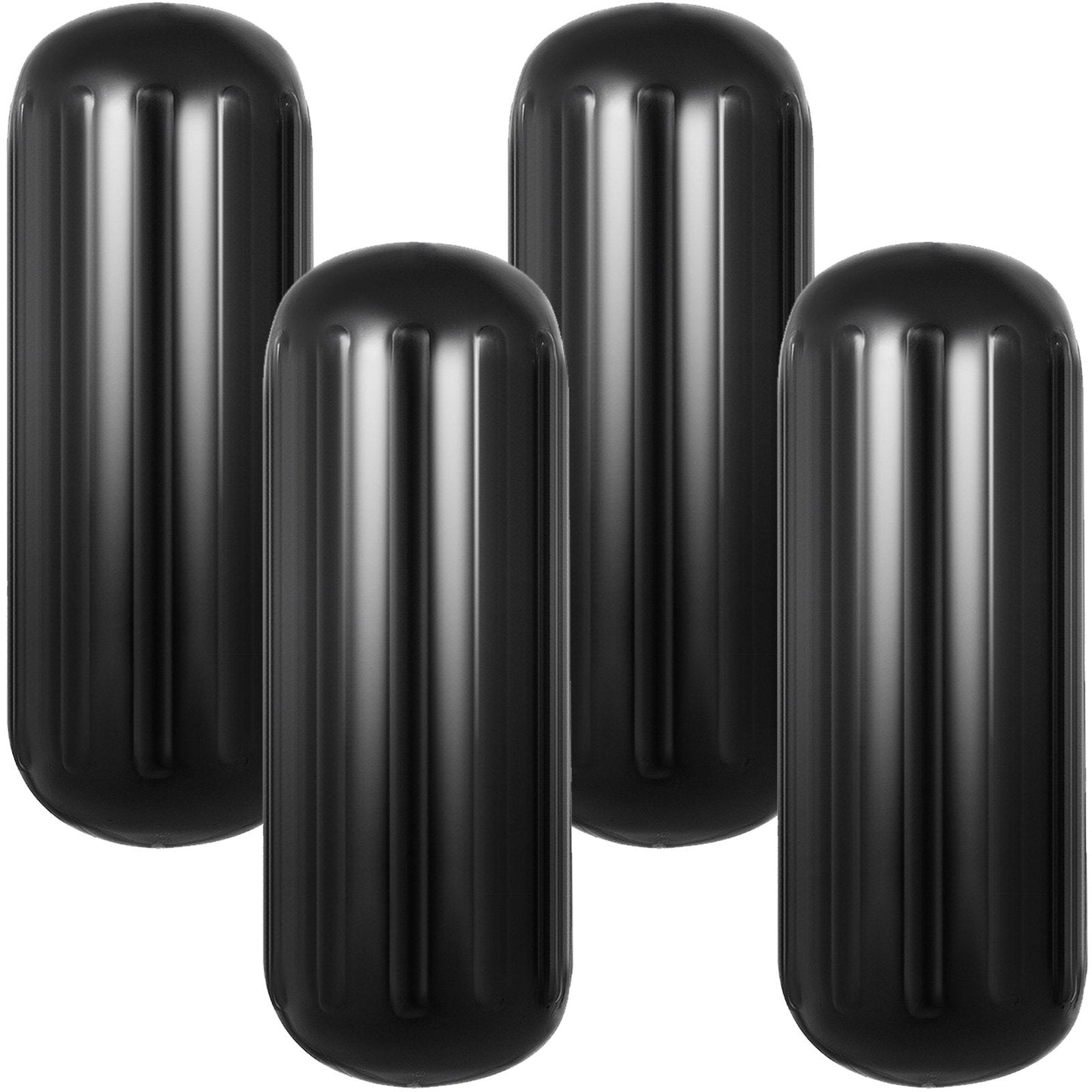 Black Ribbed Boat Fenders, 4 Pack, 25.4 x 71.1 cm, Center Hole Bumpers