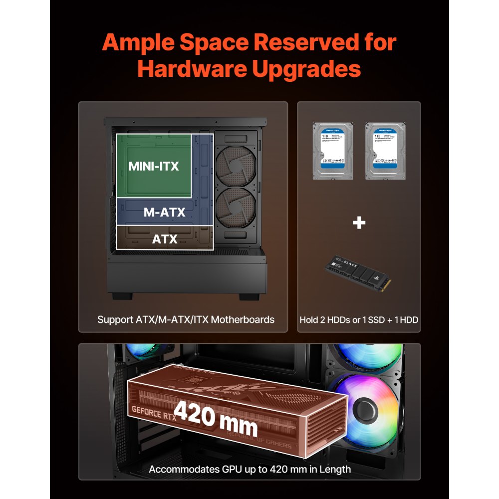 VEVOR Mid-Tower ATX PC Gaming Case Computer Case with 6 x 120 mm PWM ARGB Fans