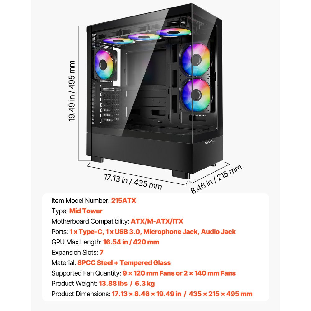 VEVOR Mid-Tower ATX PC Gaming Case Computer Case with 6 x 120 mm PWM ARGB Fans