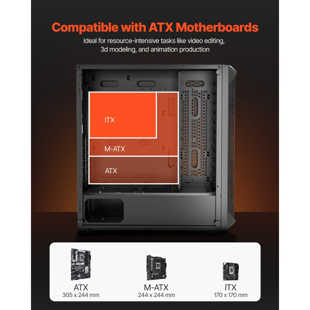 VEVOR PC Gaming Case Mid-Tower Computer Case 4 x 120 mm Fans for ATX/M-ATX/ITX