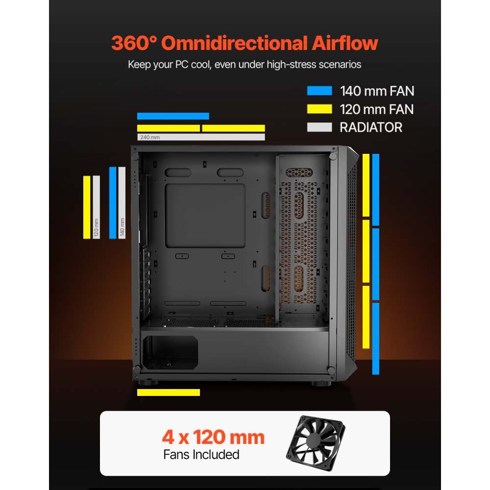 VEVOR PC Gaming Case Mid-Tower Computer Case 4 x 120 mm Fans for ATX/M-ATX/ITX