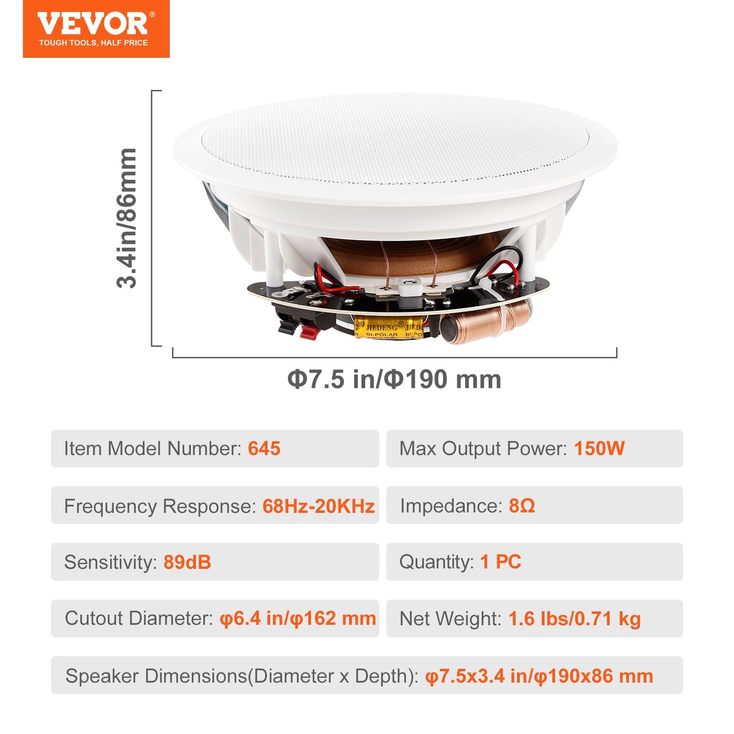 VEVOR 165.1 mm Ceiling Speakers 150-Watts Flush Mount Ceiling & in-Wall Speakers