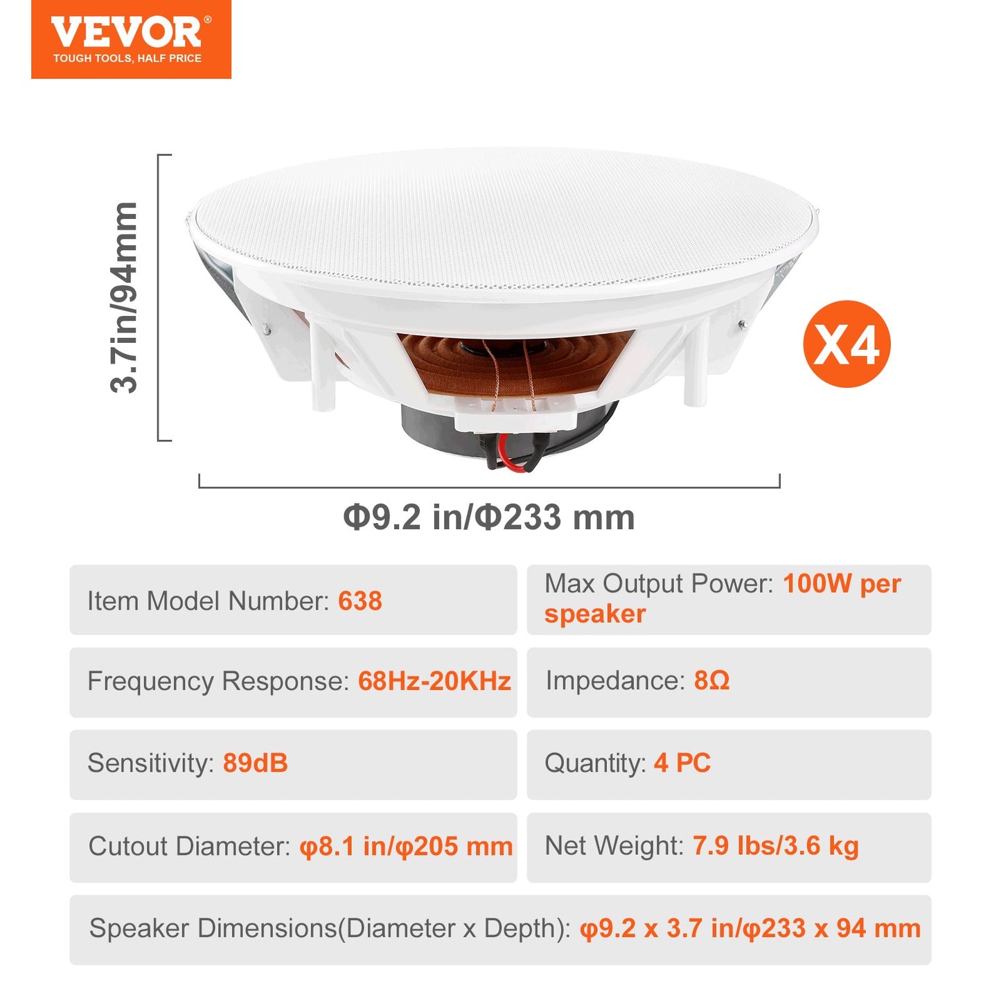 VEVOR 4 PCs 203.2 mm in Ceiling Speakers, 100-Watts, Flush Mount Ceiling & in-Wall