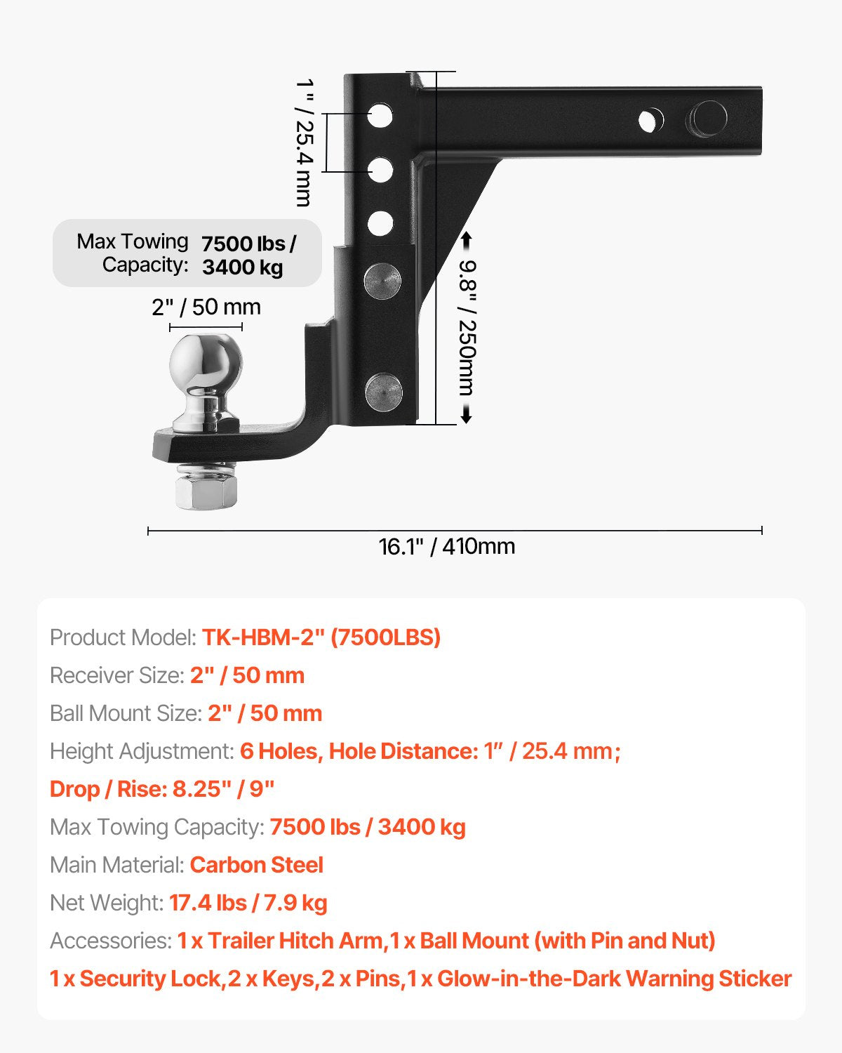 VEVOR Adjustable Trailer Hitch 50mm Receiver 23.9cm Drop Ball Mount Hitch 3400kg