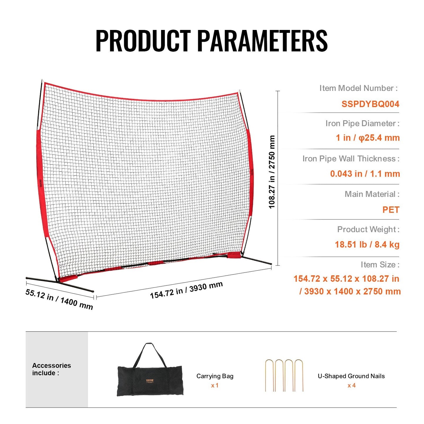 Portable Sports Backstop Net, 3.66x2.74m Barrier for Training & Practice