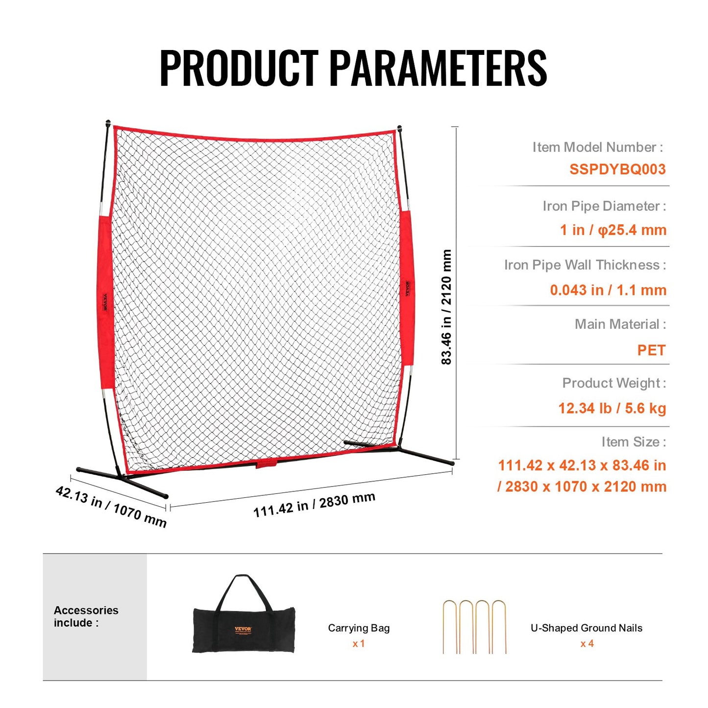 VEVOR Barricade Backstop Net, 7x7 ft Ball Sports Barrier Netting, Portable Practice