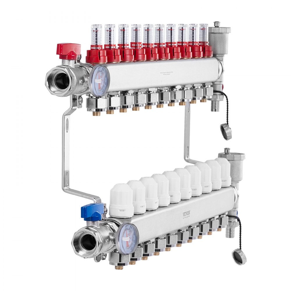 10-Branch Radiant Heat Manifold 1/2" PEX Tubing Floor Heating Manifold Set
