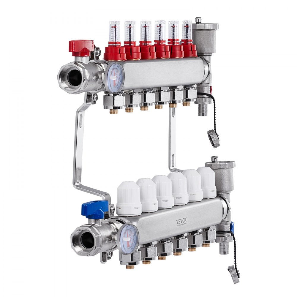 VEVOR 6-Branch Radiant Heat Manifold 1/2" PEX Tubing Floor Heating Manifold Set