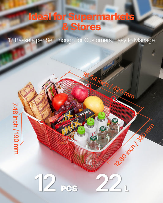 Shopping Baskets, 12 PCS, 22L Stackable Metal Grocery Baskets with Handles, Dense Mesh Structure, Holds up to 20 kg, Portable for Grocery, Retail, Stores, Supermarket, Bookstore, Home Use, Red