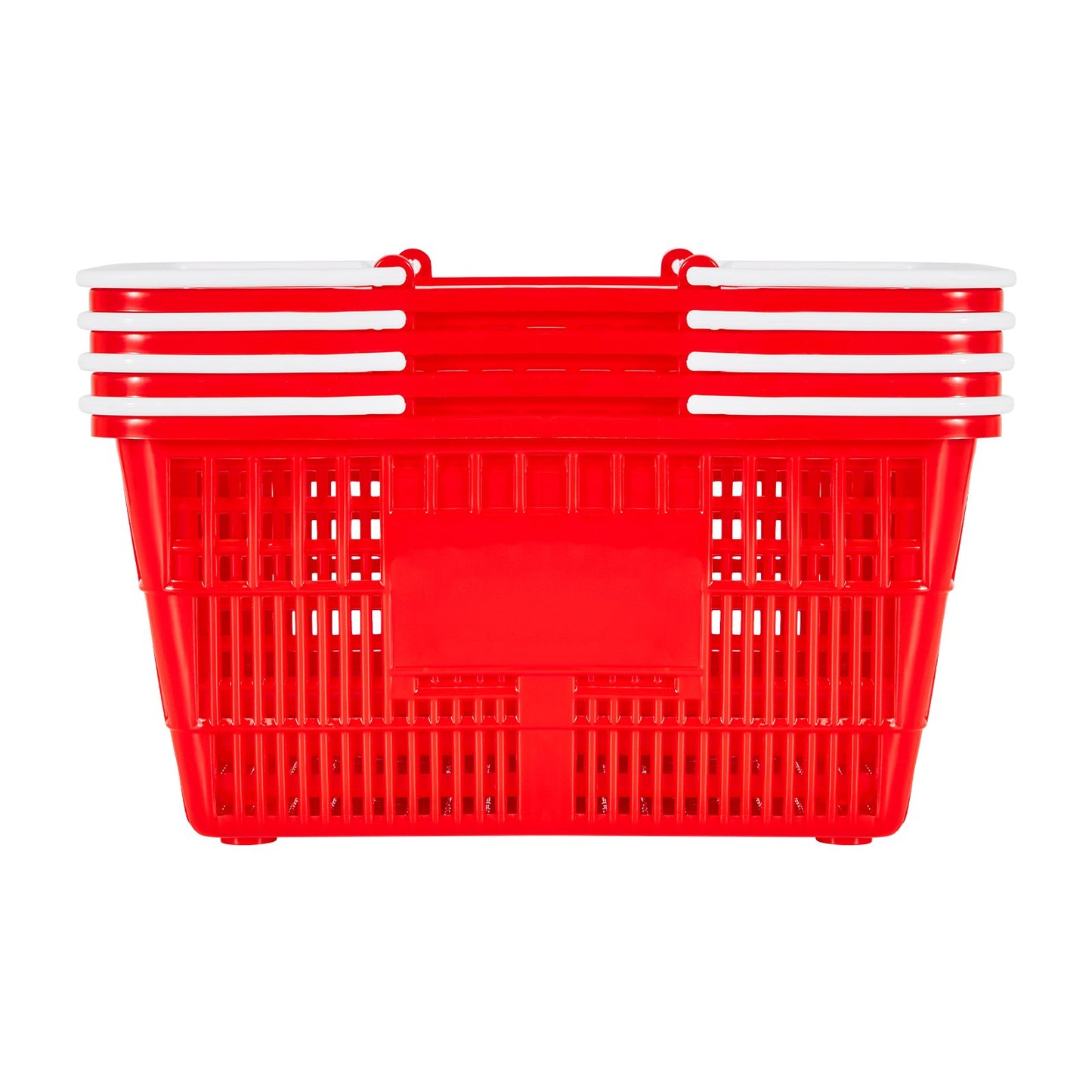 Shopping Baskets, 4 PCS, 21L Stackable PE Plastic Grocery Baskets with Handles, Dense Mesh Structure, Holds up to 9.07kg, Portable for Grocery, Retail, Stores, Supermarket, Home Use, Red