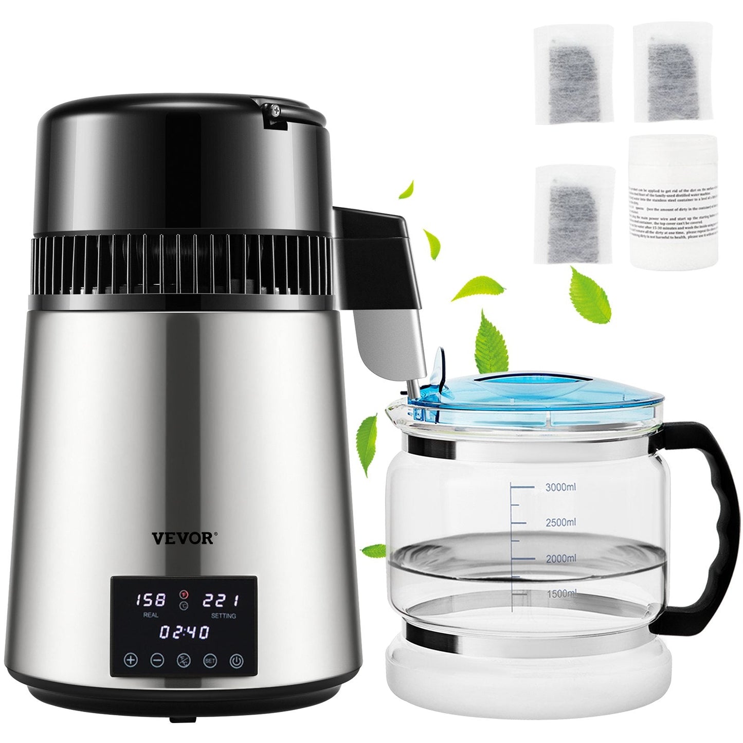 4L Water Distiller with Timing and Dual-Temp Control, Stainless Steel, Silver