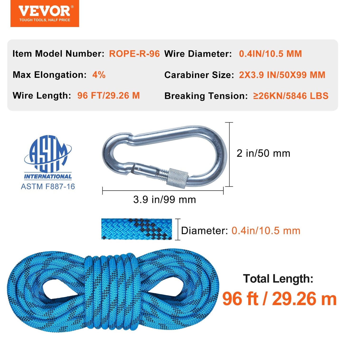 96 ft Static Outdoor Climbing Rope, 10mm, 26KN, with Carabiners & Storage Bag