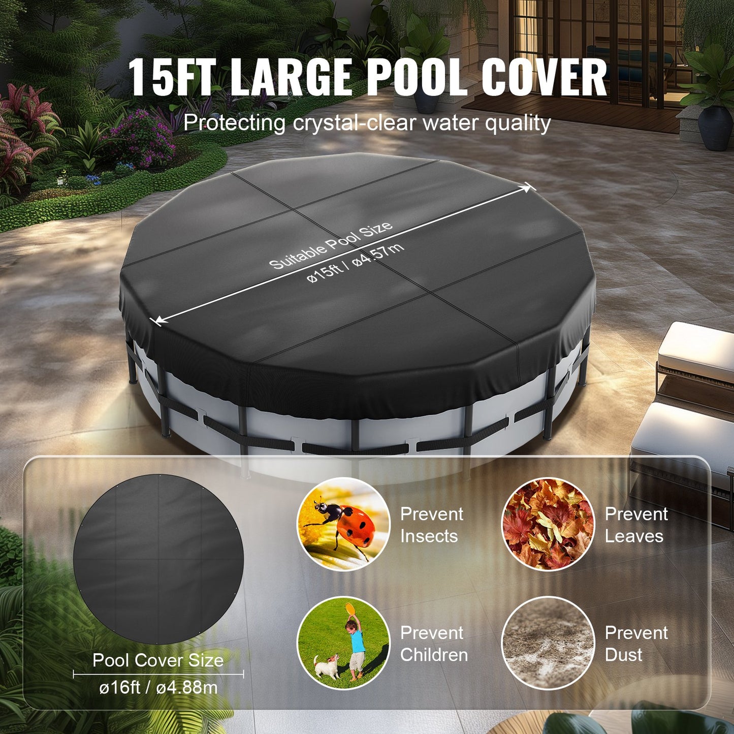 VEVOR 4.57m Round Pool Cover, Solar Covers for Above Ground Pools, Safety Pool Cover