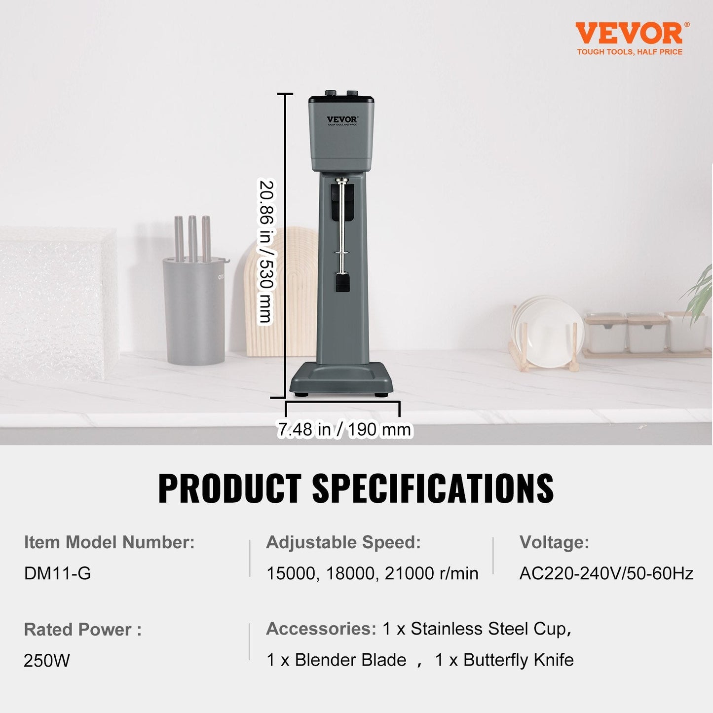 Electric Milkshake Mixer, 250W, Single Head, 820 ml Stainless Steel Cup
