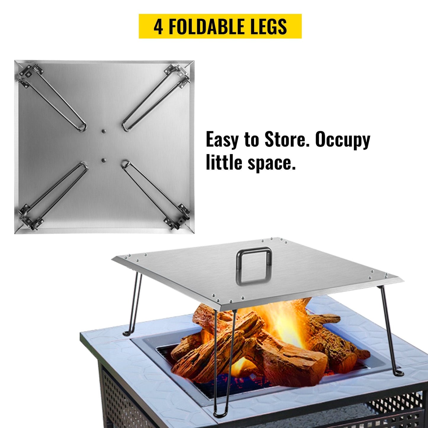 Stainless Steel Fire Pit Heat Shield with Foldable Legs, 61x61x33 cm, 6 kg