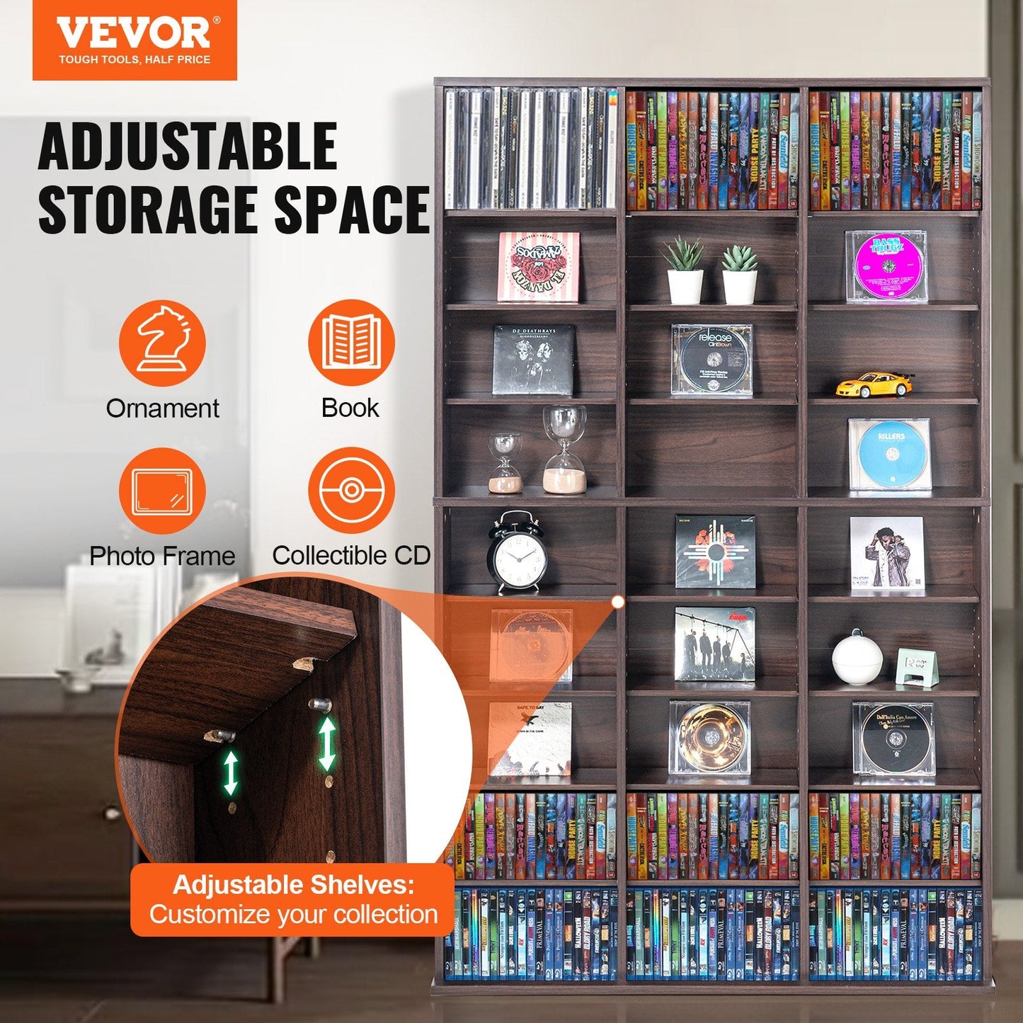 Espresso Media Storage Cabinet, 9 Adjustable Layers, Holds 756 CDs, 22 kg