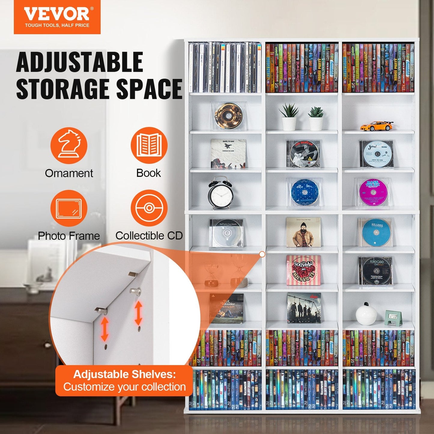 White Media Storage Cabinet with 9 Adjustable Layers, Holds 756 CDs, 22 kg