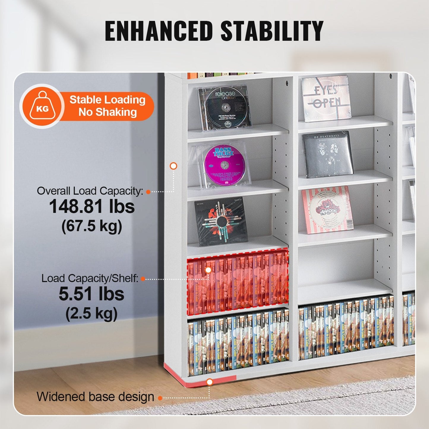 White Media Storage Cabinet with 9 Adjustable Layers, Holds 756 CDs, 22 kg