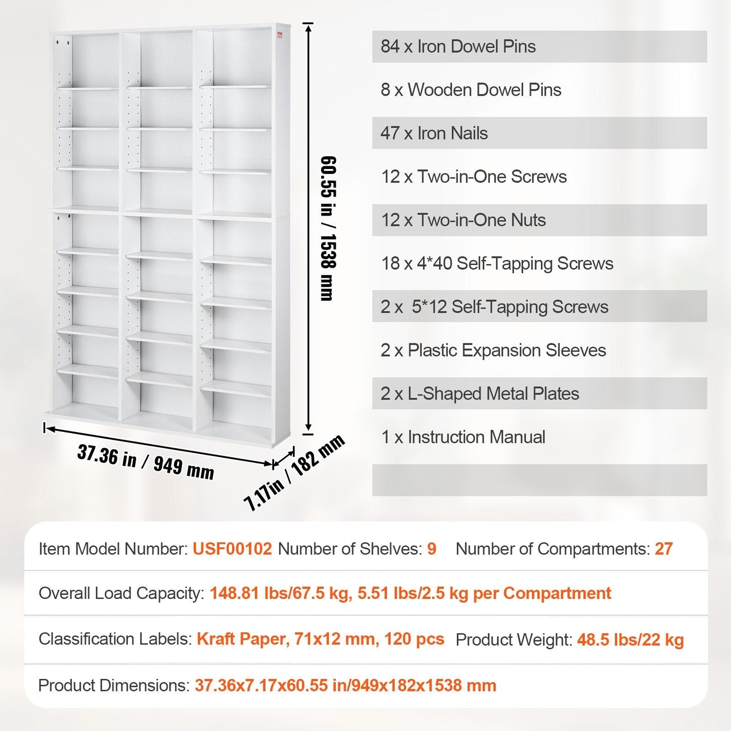 White Media Storage Cabinet with 9 Adjustable Layers, Holds 756 CDs, 22 kg