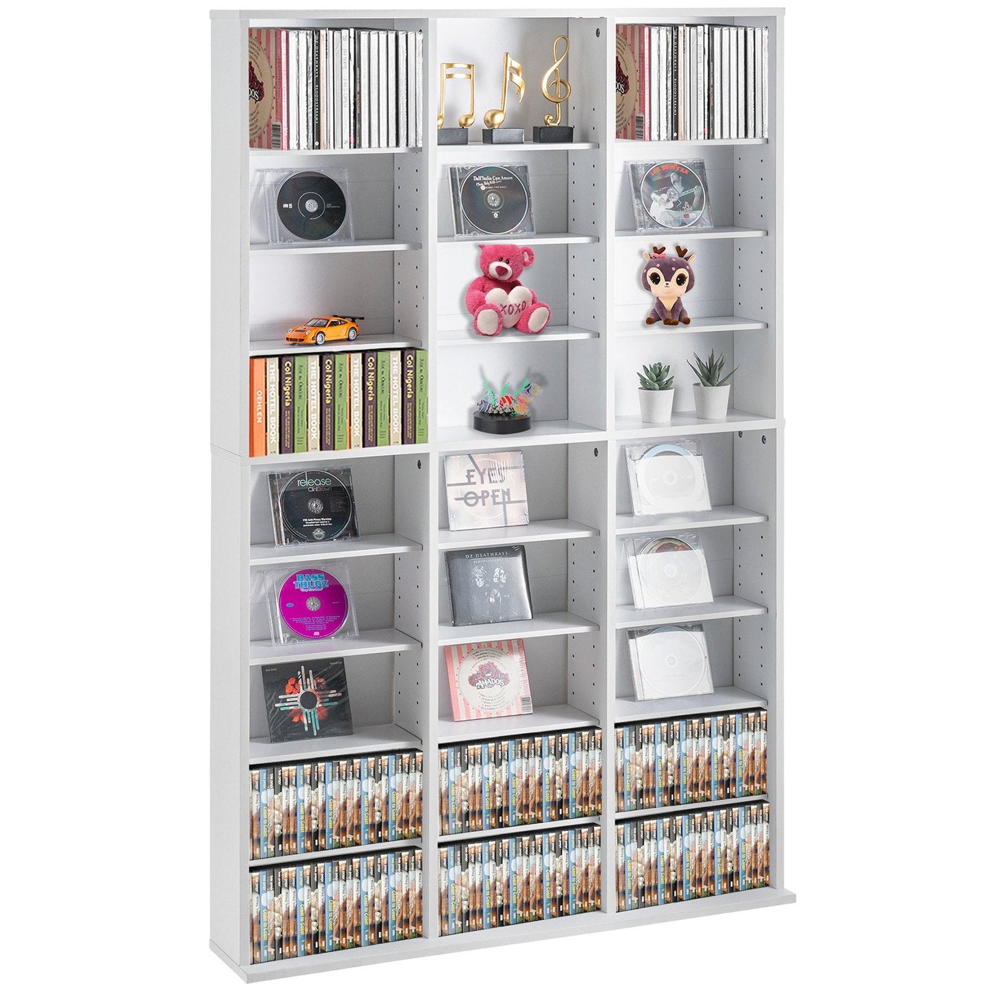 White Media Storage Cabinet with 9 Adjustable Layers, Holds 756 CDs, 22 kg