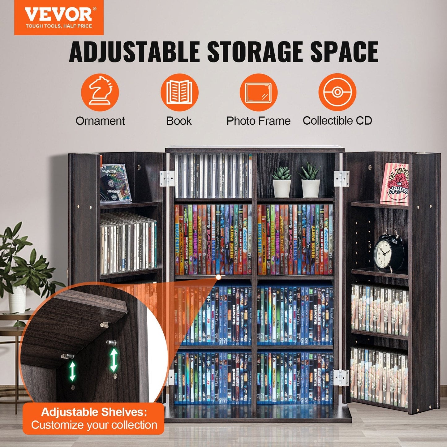Espresso Media Storage Cabinet with Adjustable Shelves, Holds 576 CDs, 22.5 kg