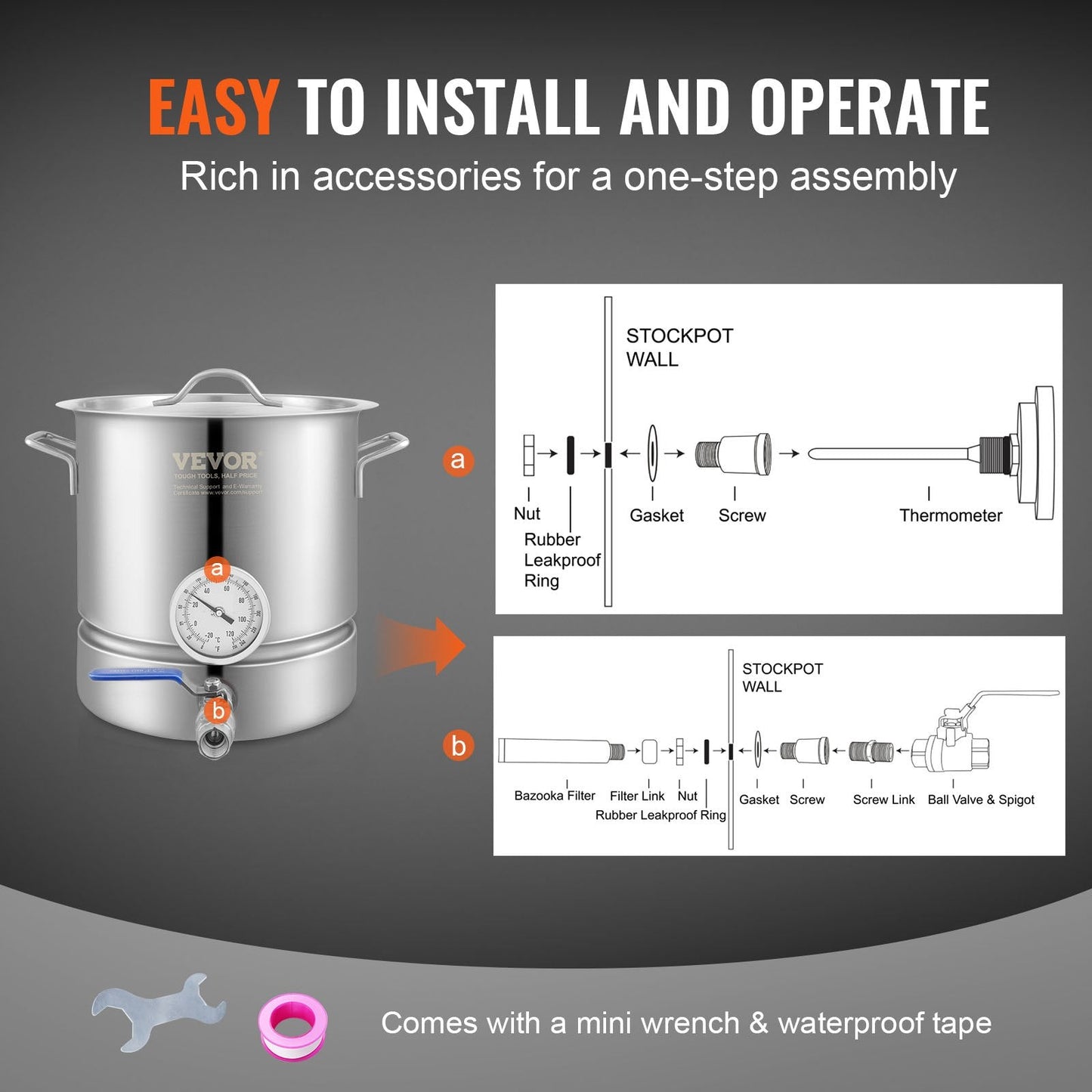 Stainless Steel 5 Gallon Brewing Kettle with Thermometer and Spigot, 3.81 kg