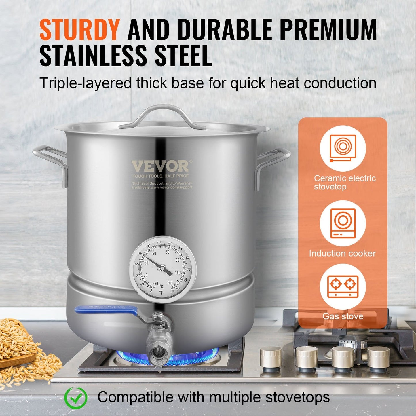 Stainless Steel Brewing Kettle, 19L with Thermometer & Dual Filtration System