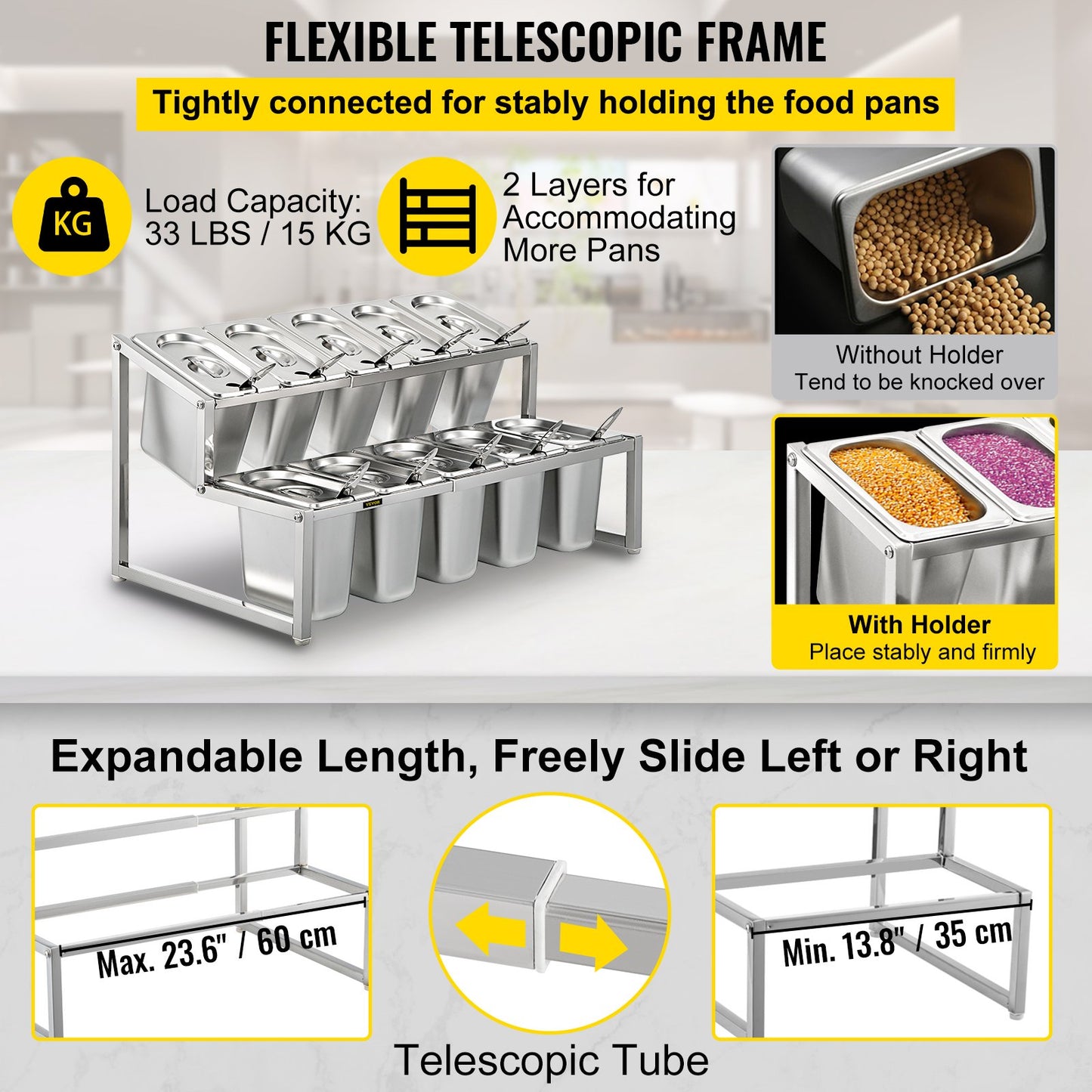VEVOR Expandable Spice Rack, 13.8\"-23.6\" Adjustable, 2-Tier Stainless Steel Organizer