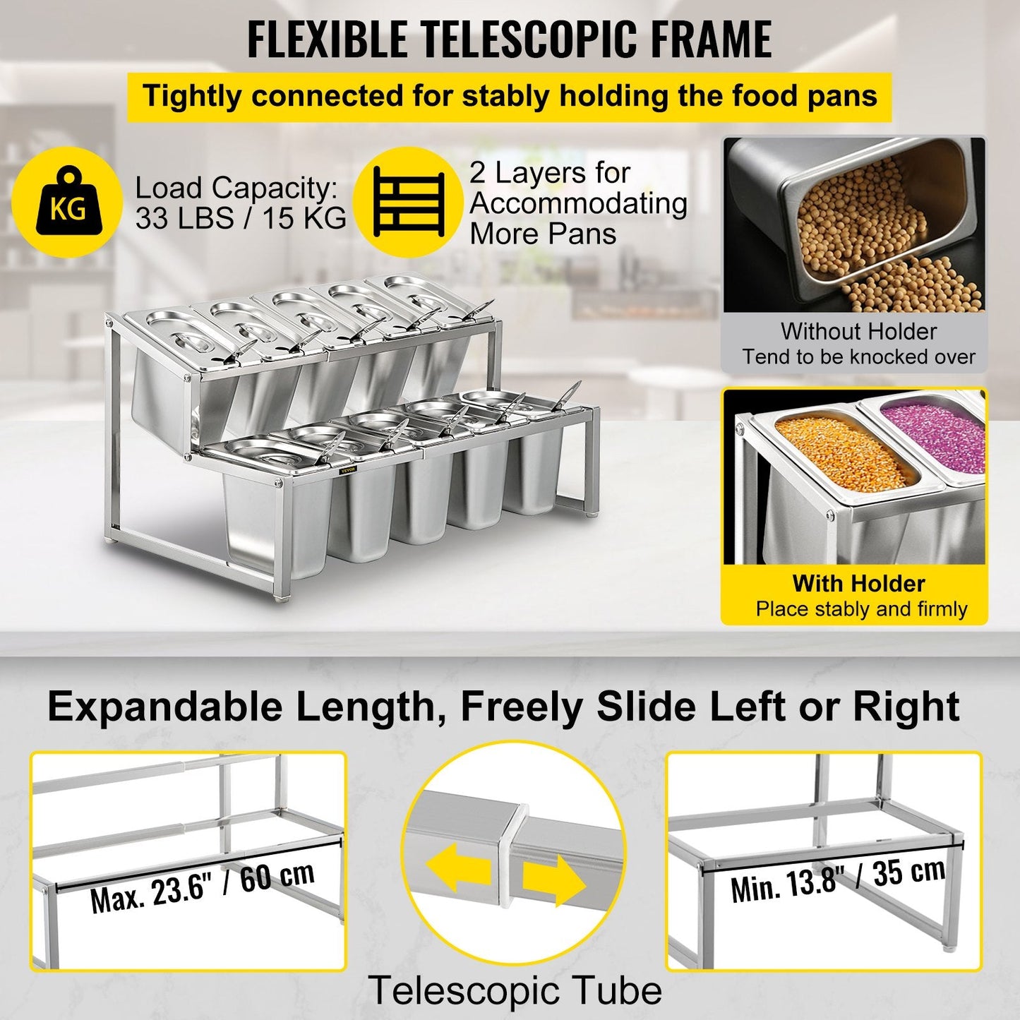 Adjustable 2-Tier Stainless Steel Spice Rack with 10 Pans, 35-60 cm Expandable
