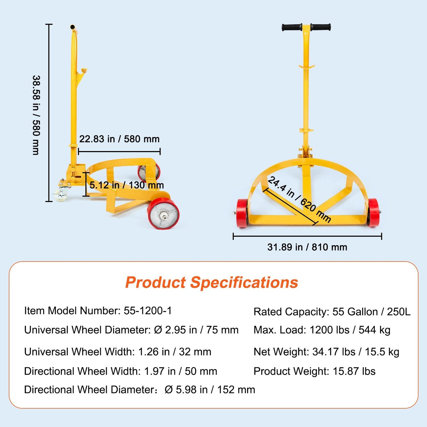Heavy Duty 250L Drum Dolly with 544 kg Capacity and Adjustable Handle