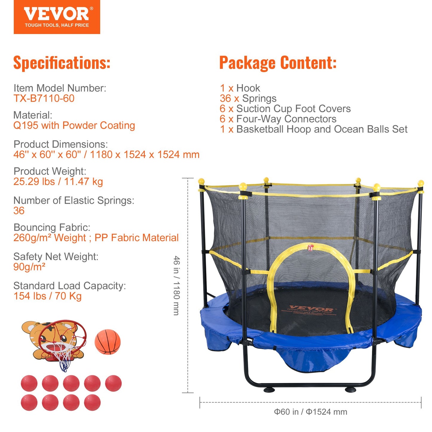 VEVOR 5FT Trampoline for Kids, 60" Indoor Outdoor Trampoline with Safety Enclosure