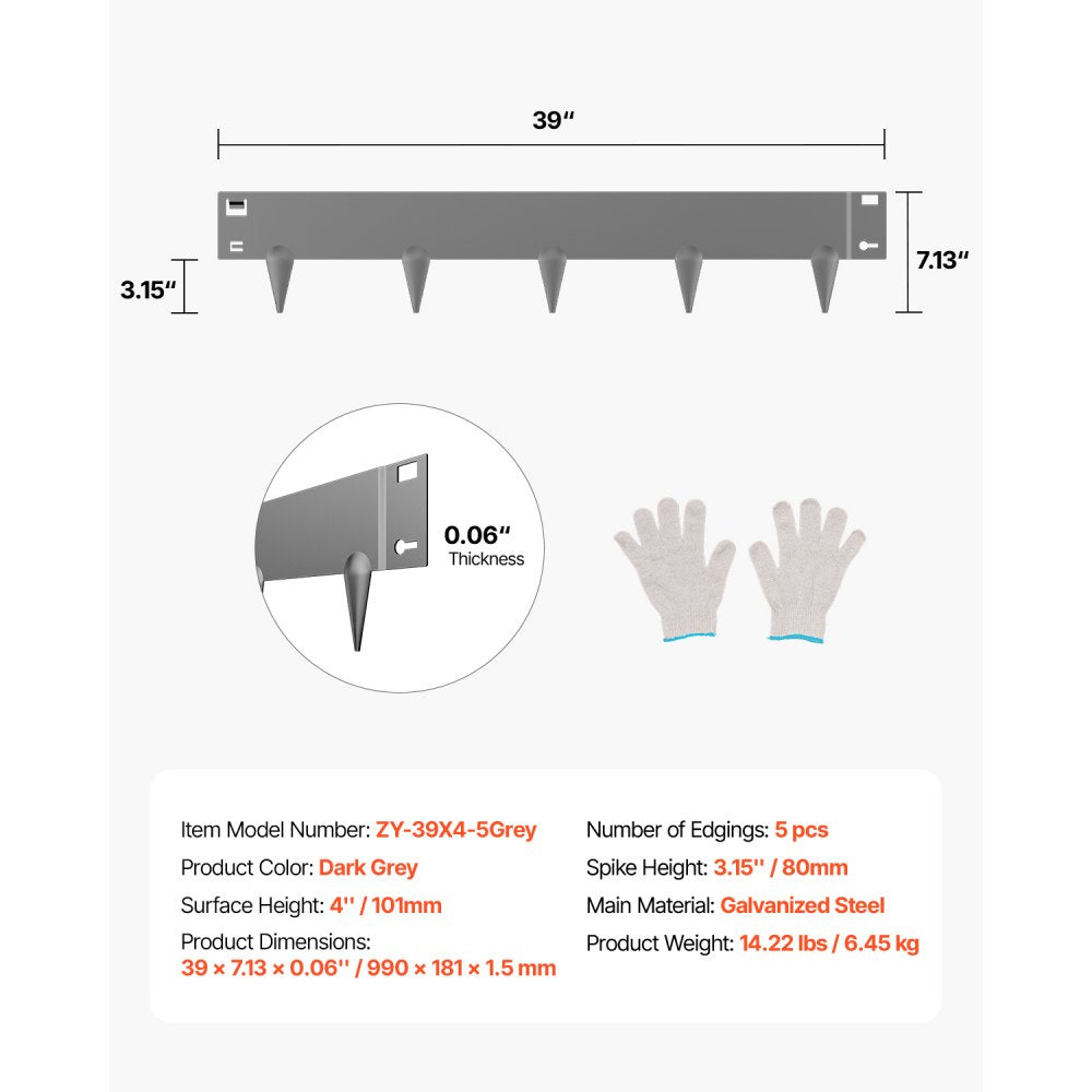 Steel Landscape Edging 5 Packs 39 x 4in Rust-Resistant for Yard Dark Gray