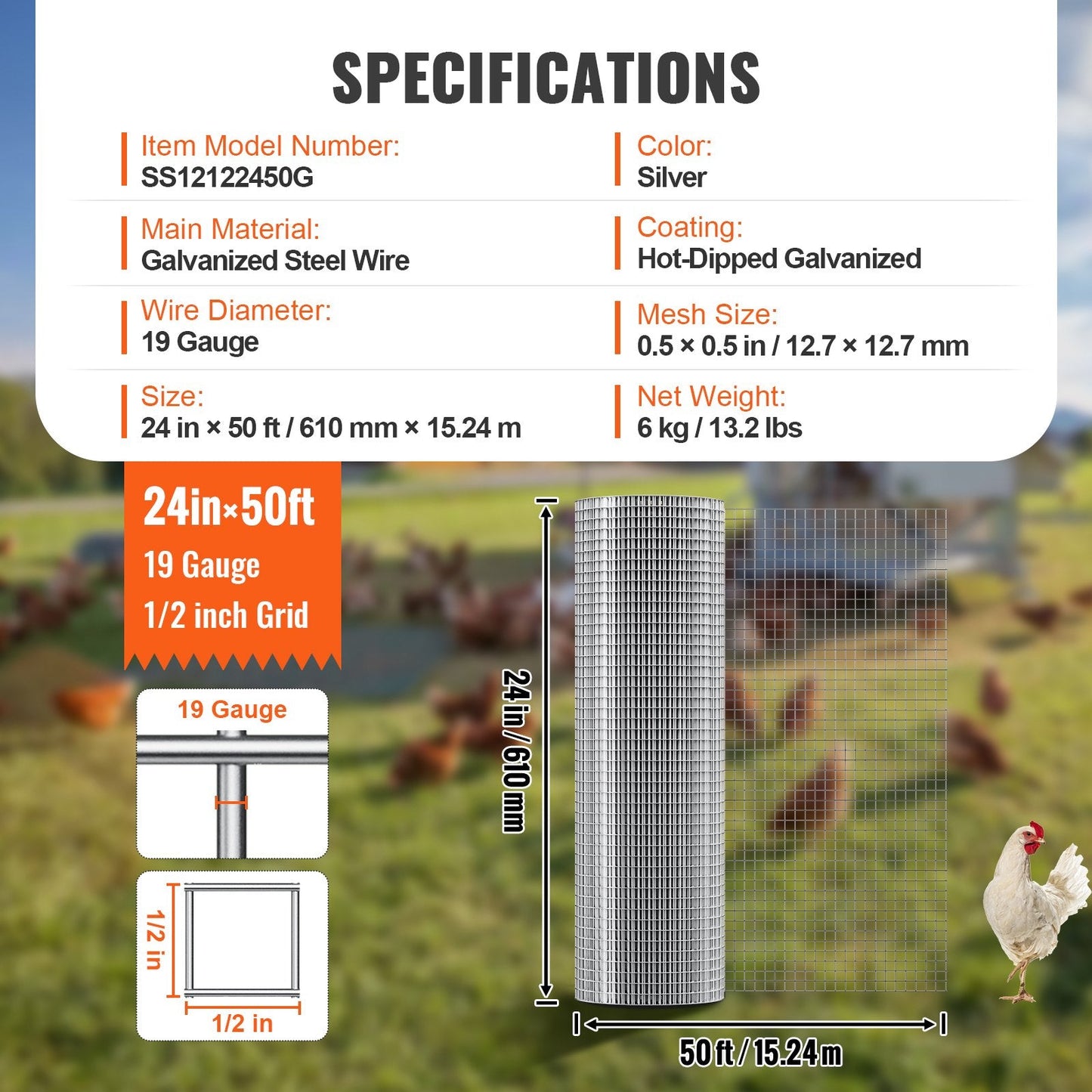 Galvanized Steel Wire Mesh Roll, 0.61m x 15.24m, 19 Gauge for Fencing & Cages