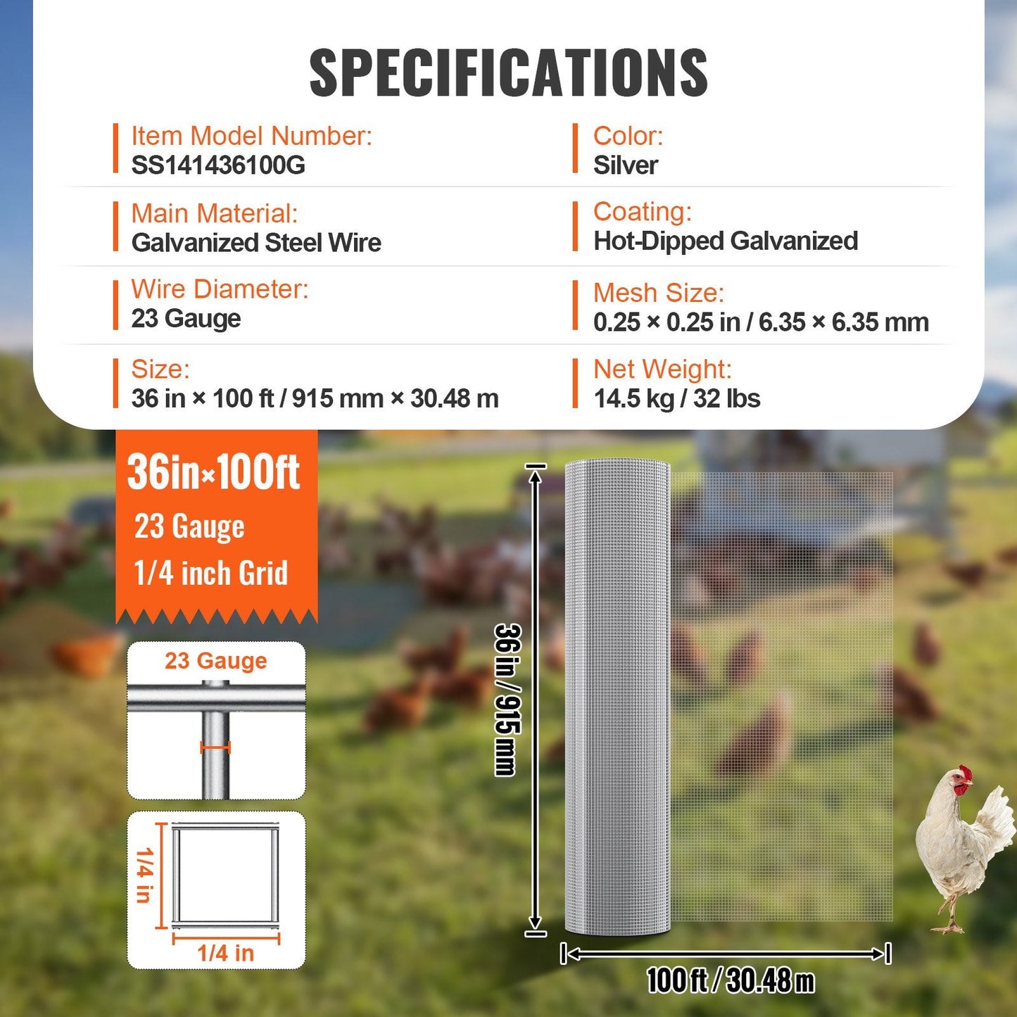 Galvanized Steel Wire Mesh Roll, 6.35mm, 0.91m x 30.48m, for Fencing & Cages
